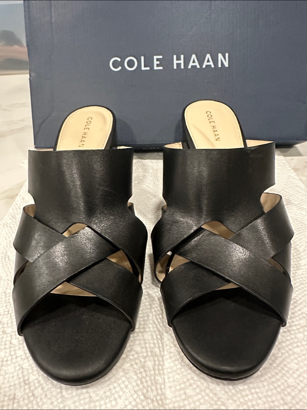 Cole Haan Black Leather Crisscross Block Heel Mules - Picture 5 of 6